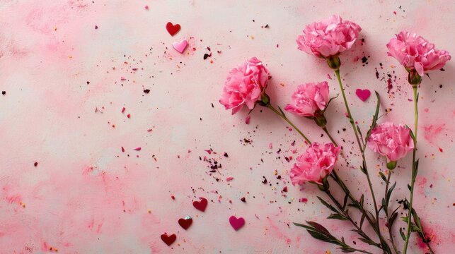 Pink carnations, hearts, and confetti scattered artistically on a blush background with space for customizable text