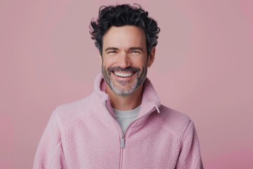 Obraz premium Portrait of a happy man in his 40s wearing a thermal fleece pullover isolated on pastel or soft colors background