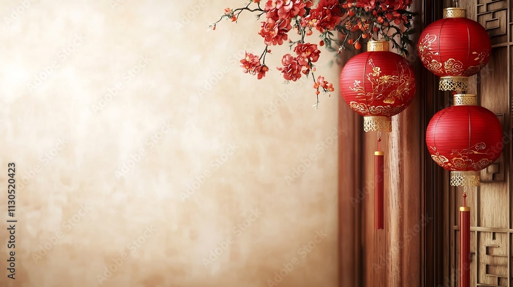 Poster vibrant red chinese lanterns with intricate golden patterns hanging from a traditional house isolate