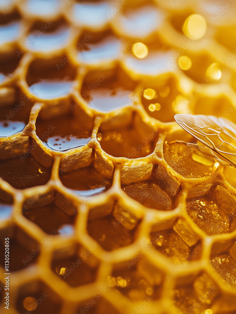 Aufkleber close-up view of a honeycomb structure showcasing intricate hexagonal patterns and golden honey drop