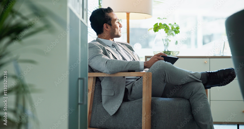 Aufkleber thinking, tablet and business man in office for problem solving, inspiration or insight. digital tec