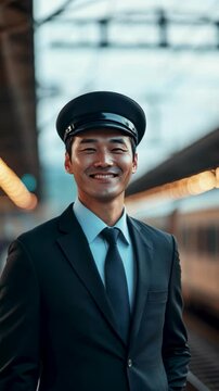 An Asian train conductor in a formal uniform and hat stands on a platform in a vertical video. He manages passenger boarding, ensuring safety and efficiency at the railway station.