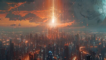 Fototapeta premium Futuristic Cityscape Illuminated With Energetic Beams of Light