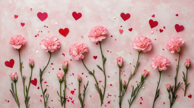 Pink carnations, hearts, and confetti scattered artistically on a blush background with space for customizable text