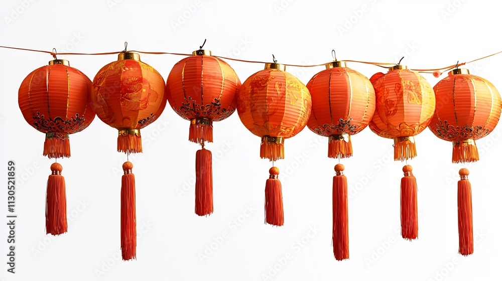 Poster elegant row of glowing chinese new year lanterns with tassels suspended against a clean isolated whi