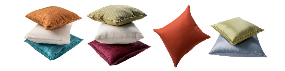 Soft colorful cushions arranged in a stylish stack isolated on transparent background perfect for home decor