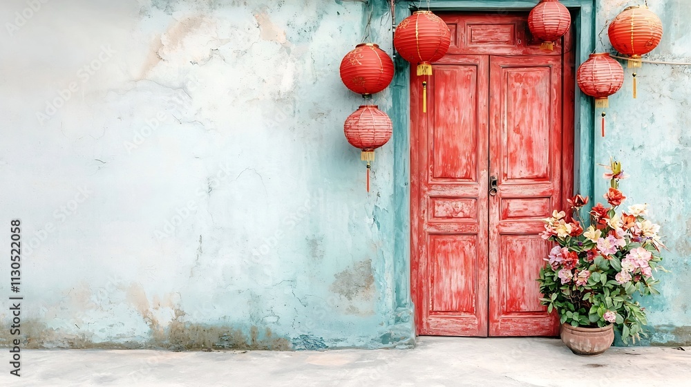 Poster cascading arrangement of classic red chinese lanterns hanging in front of a doorway isolated on a cl