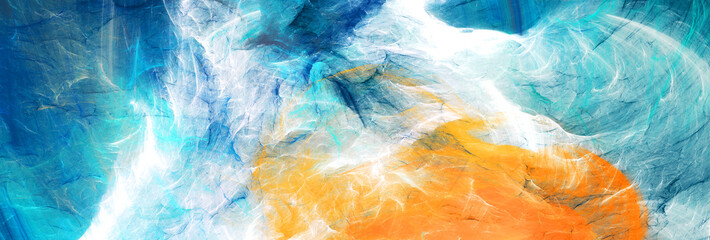 Art painting. Abstract blue and orange background. Bright artistic splashes. Fractal artwork for creative graphic design