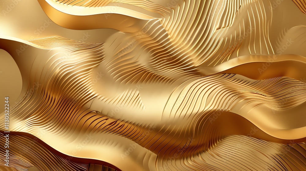Poster abstract 3d rendering of a gold surface with a flowing, wavy pattern.