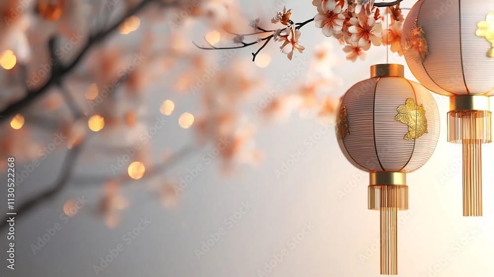 Poster elegant and captivating illuminated chinese lanterns in gold hues swaying gently on a string styled 