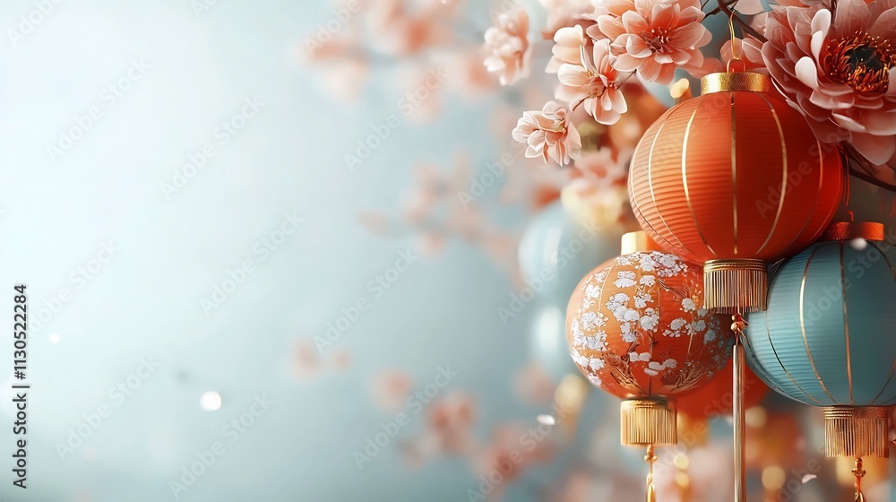 Poster Serene image of a series of illuminated Chinese lanterns with delicate gold accents gently swaying on a string styled against a clean white background with ample copy space