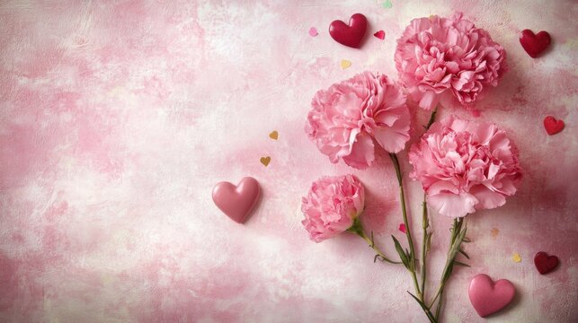 Pink carnations, hearts, and confetti scattered artistically on a blush background with space for customizable text