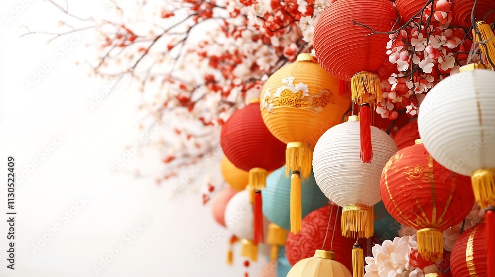 Poster vibrant and colorful chinese lanterns hanging in a crisscross pattern above a festive walkway set on