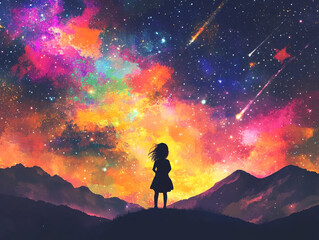 Fototapeta premium A young girl silhouetted against a colorful starry on sky ai generated
