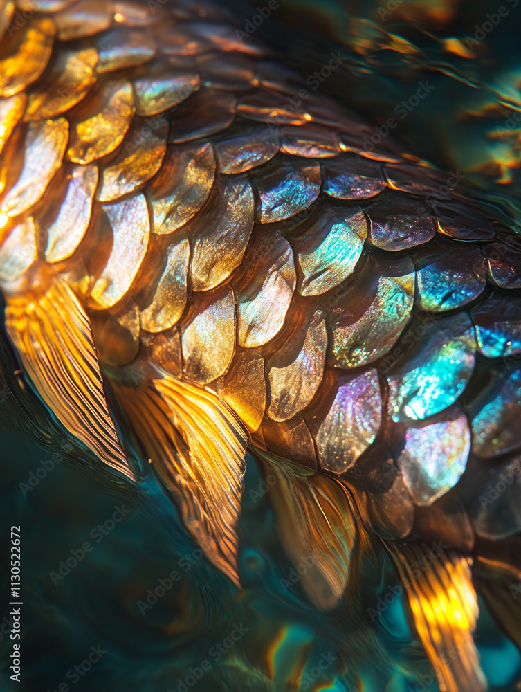 Aufkleber macro view showcasing the iridescent patterns of fish scales glimmering in the sunlight on a calm su