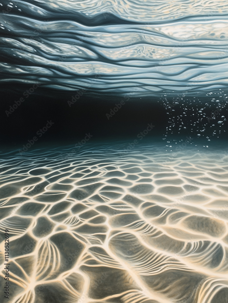 Poster underwater view of mesmerizing sand ripples illuminated by sunlight rays in a tranquil environment