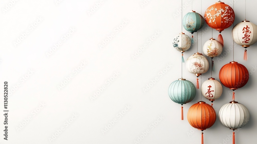 Poster a collection of traditional chinese lanterns adorned with intricate calligraphy hanging in a decorat