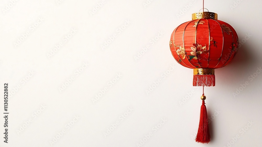Poster a single ornate red chinese lantern with tassels glowing warmly and suspended against an isolated wh