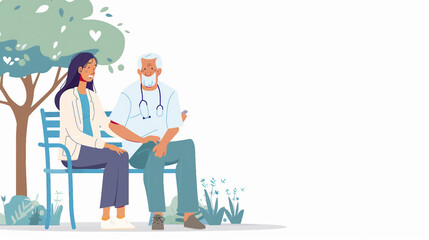 Fototapeta premium Compassionate nurse assisting senior man sitting on bench outdoors. Asian nurse and Caucasian man holding hands in serene garden setting. Senior care support and caregiving banner with web frame.