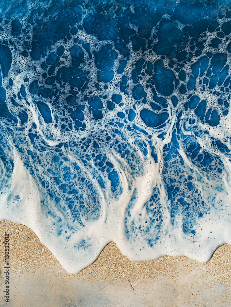 Poster intricate wave foam patterns create stunning designs on a serene sandy beach at midday under the bri