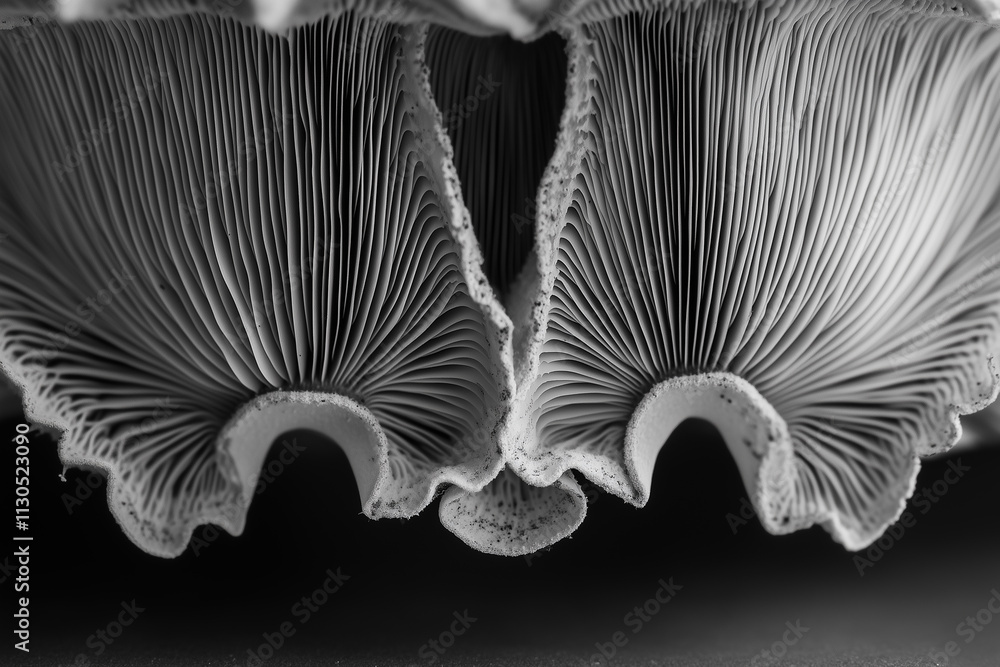 Poster macro view reveals intricate gills of a mushroom cap in natural setting