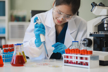 Science and medicine, scientist analyzing and dropping a sample into a glassware, experiments...