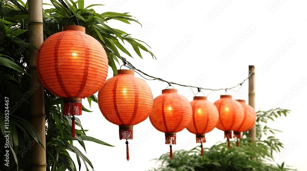 Poster illuminated red lanterns arranged in a festive row and hanging along a bamboo pole set against a cle
