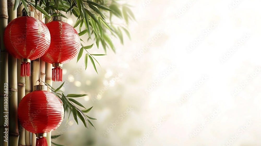 Poster illuminated red lanterns hanging in a row along a bamboo pole creating a festive and traditional aga