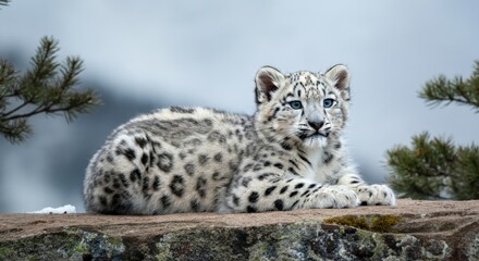 Fototapeta premium Snow leopard cub resting on mountain rock in natural habitat