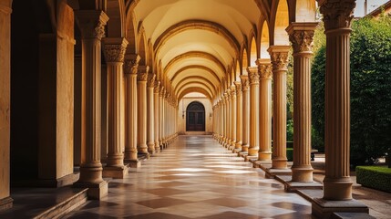 A stunning corridor features elegant arches and tall columns, leading to a grand doorway. Sunlight illuminates the patterned floor, surrounded by lush greenery
