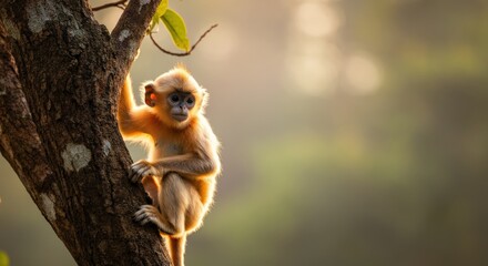 Obraz premium Baby monkey perched on tree at dawn in serene forest habitat setting
