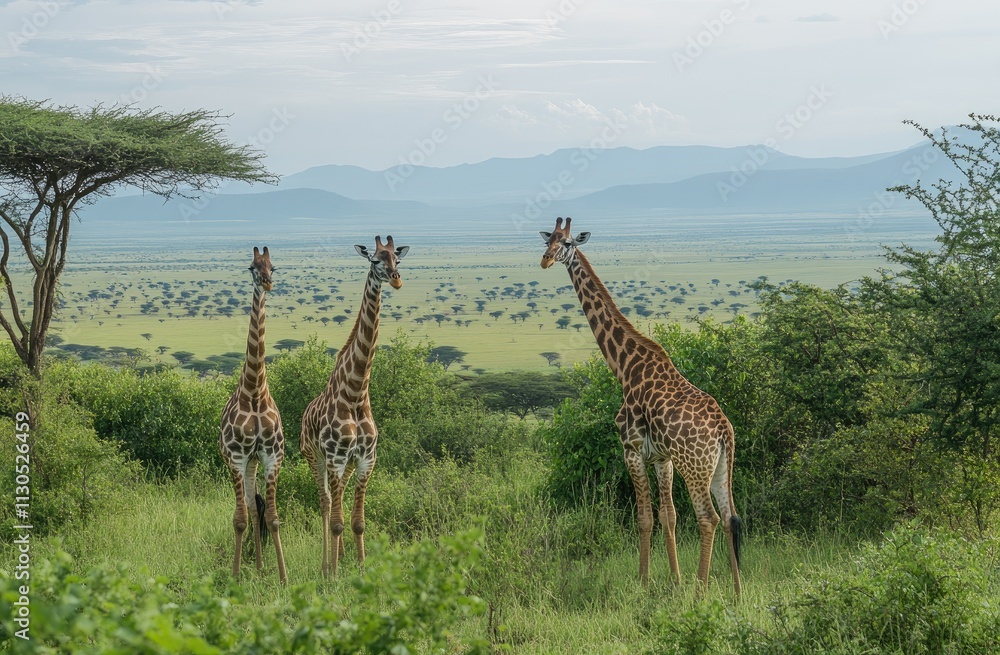 Canvas Prints Two giraffes with their necks intertwined, standing in the green vegetation of an African savannah.