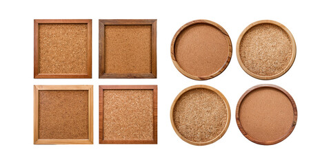 Fototapeta premium Wooden Coasters and Cork Frames on White Background, png collection isolated on transparent background