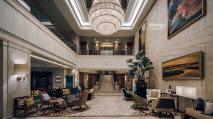 Elegant hotel lobby featuring luxurious decor, grand chandeliers, and a sophisticated ambiance inviting relaxation.