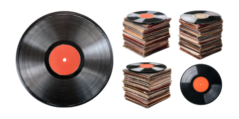 Vintage Vinyl Records Collection on Display, set collection, mega bundle, isolated on transparent background