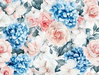 Fototapeta premium Watercolor style roses and hydrangeas in soft pastel tones, with green leaves. Seamless floral background. Concept of elegance and beauty