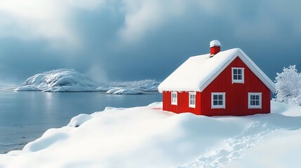 A red house is sitting on a snowy hill next to a body of water