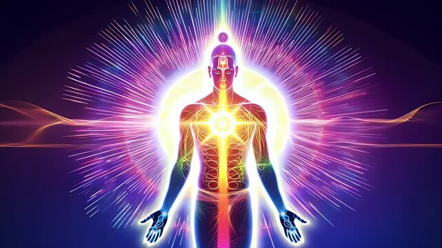 Chakra points glowing brightly as nadi energy flows radiate outward in rhythmic waves