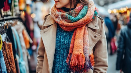 Fototapeta premium Stylish Young Woman in Colorful Scarf at Outdoor Market Scene