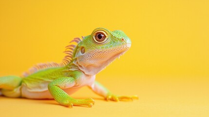 Obraz premium Small green lizard on yellow background.