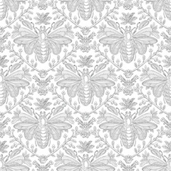 Bee and Floral Seamless Pattern: Elegant Vector Illustration for Fabrics, Wallpapers, and Packaging Design