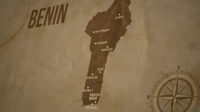 Vintage Map of BENIN with states Borders and Major Cities Positions