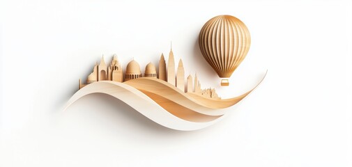 A creative paper-cut design featuring a skyline and a hot air balloon, blending urban elements with a whimsical touch.