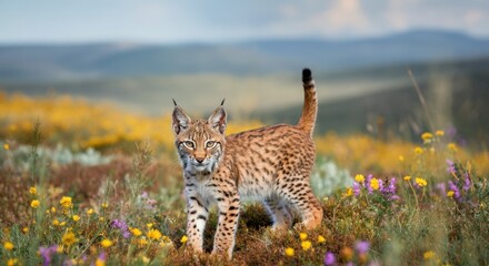 Fototapeta premium Majestic lynx prowling in vibrant wildflower field with mountain backdrop