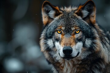 Fototapeta premium Majestic Wolf Portrait in Winter Forest Highlighting Fierce Beauty