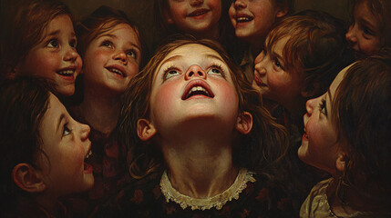 Fototapeta premium A girl looking up at a group of laughing children, her face a mix of longing and sadness, captured in a moment of stillness.