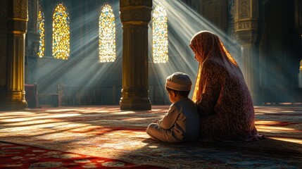 Mosque Sunlight Mother, Son, Prayer, Faith, Islam, Spirituality, Peace, Serenity, Devotion, Carpet