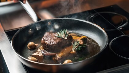 Cooking a delicious main course in the restaurant kitchen