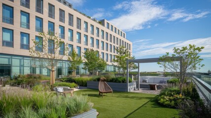 Lush green modern apartment building with abundant plant life on balconies, illuminated by golden sunrise, symbolizing urban sustainability.