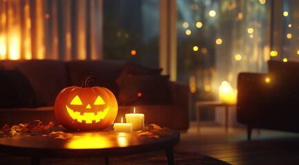 Fototapeta premium Halloween pumpkin with a glowing face on a table in a cozy living room at night, with a Halloween-themed light effect 